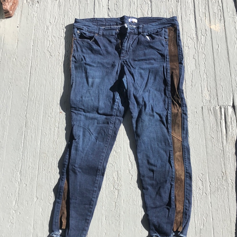 EUC ecru Jeans with faux leather insert